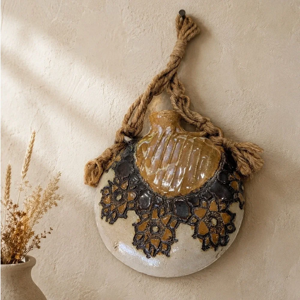 Vintage Hanging Canteen Vase 8x7 Brown Jana Kozon Studio Pottery 1981